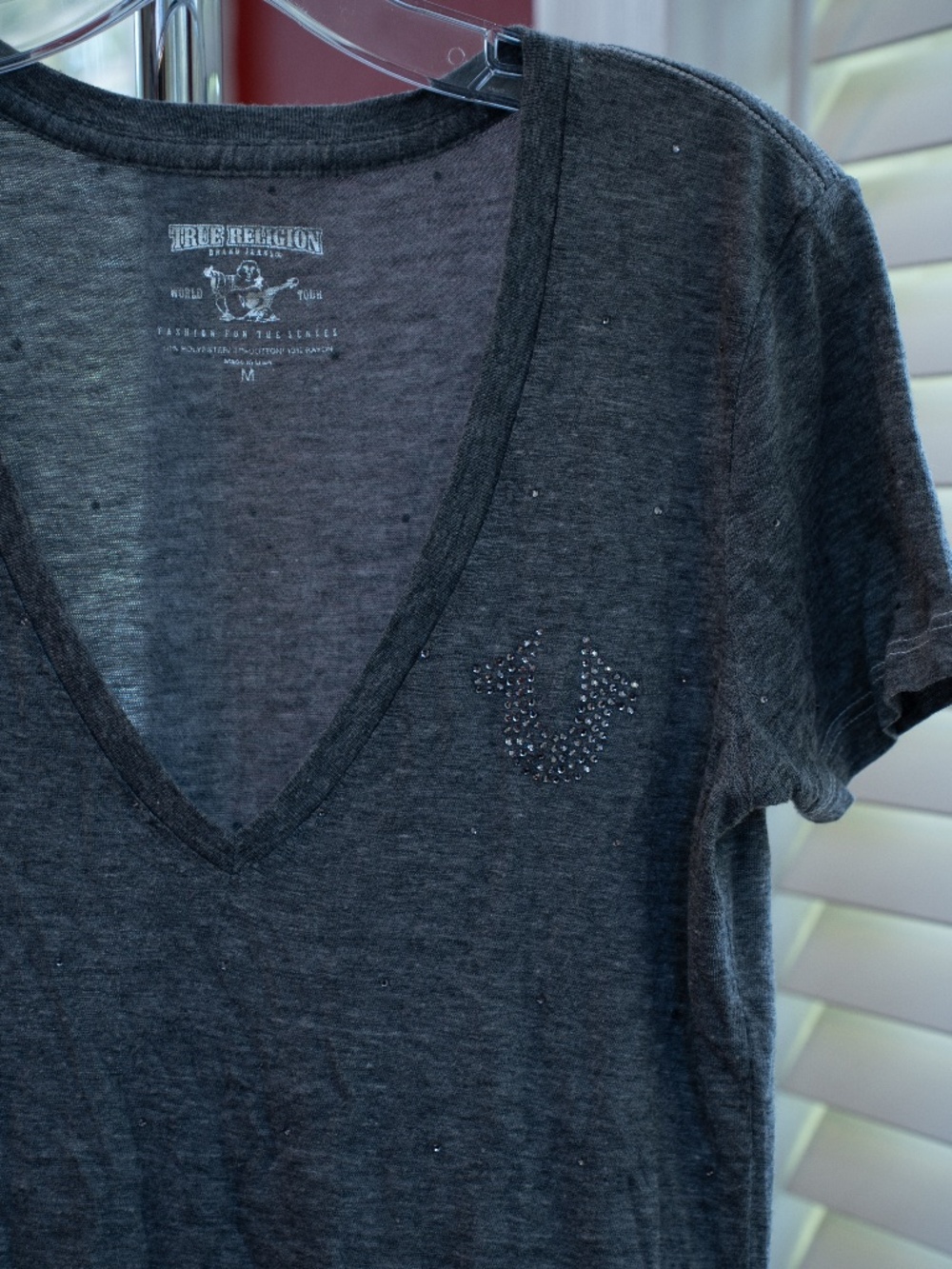 True Religion Women's rhinestoned V-neck Short Sleeve T-shirt